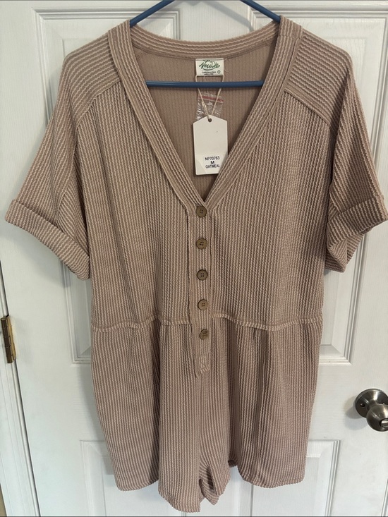 Very J Pants - Very J Oatmeal Ribbed Henley Romper